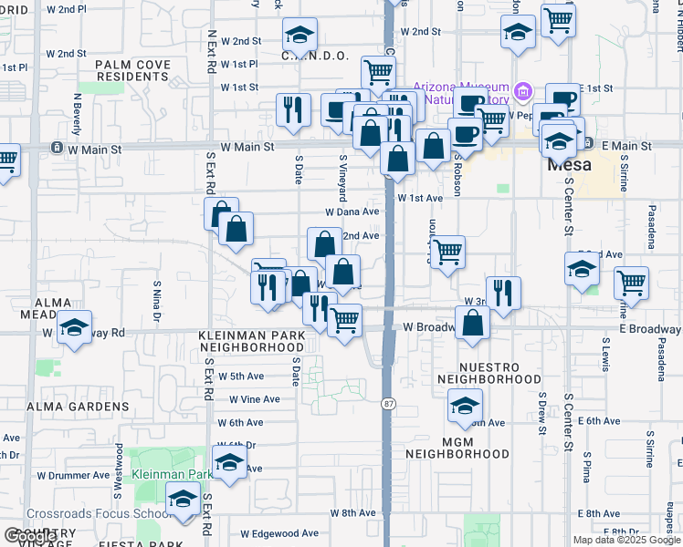 map of restaurants, bars, coffee shops, grocery stores, and more near 458 West 3rd Avenue in Mesa