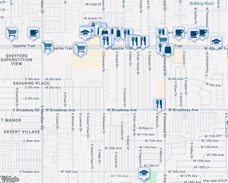 map of restaurants, bars, coffee shops, grocery stores, and more near 608 South Grand Drive in Apache Junction