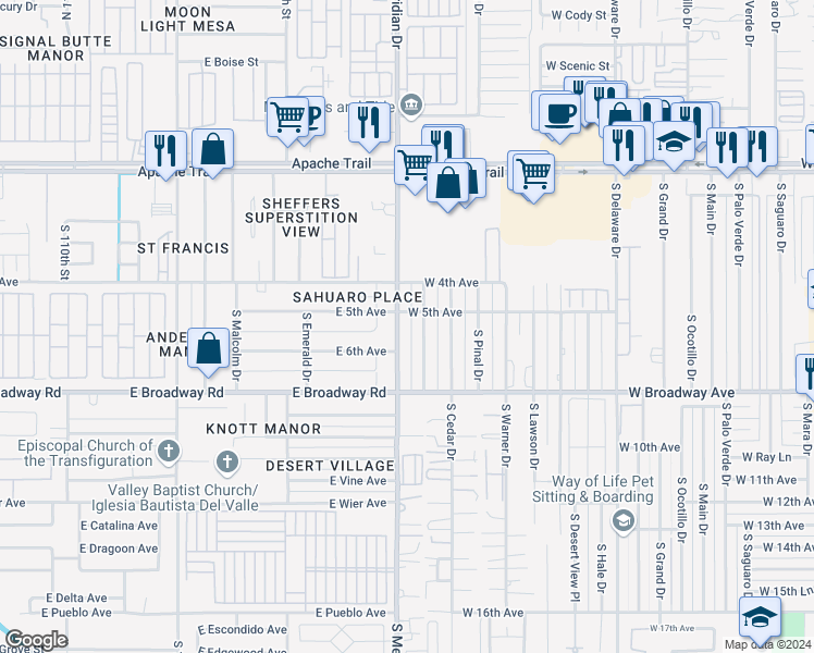 map of restaurants, bars, coffee shops, grocery stores, and more near 597 South Meridian Road in Apache Junction