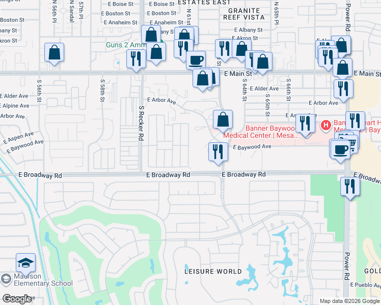 map of restaurants, bars, coffee shops, grocery stores, and more near 6220 East Broadway Road in Mesa