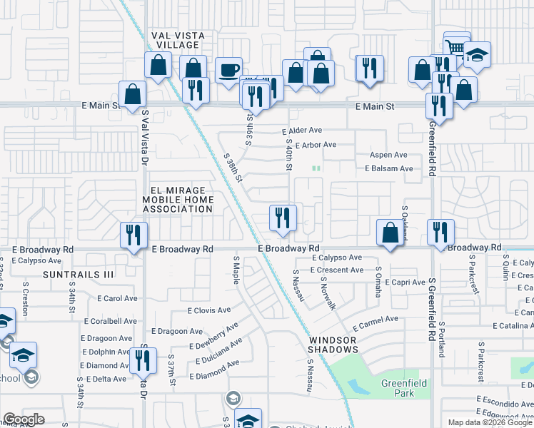 map of restaurants, bars, coffee shops, grocery stores, and more near 342 South 40th Street in Mesa