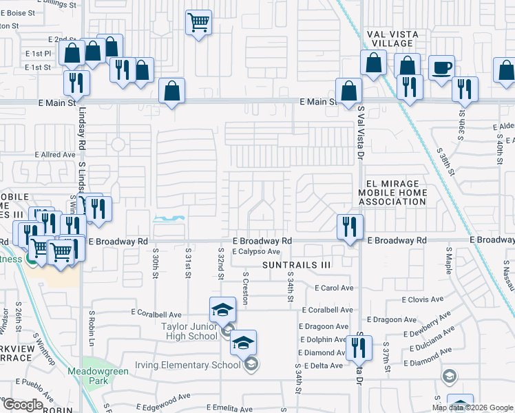 map of restaurants, bars, coffee shops, grocery stores, and more near 3300 East Broadway Road in Mesa