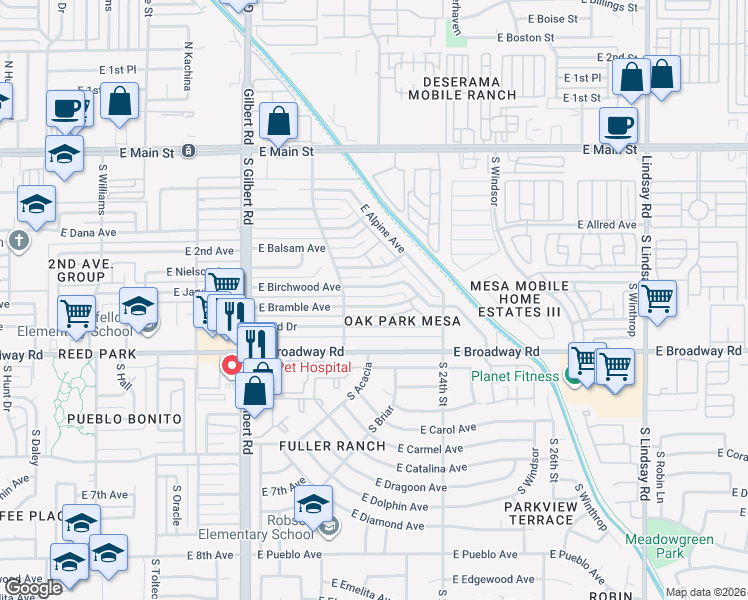 map of restaurants, bars, coffee shops, grocery stores, and more near 2233 East Bramble Avenue in Mesa
