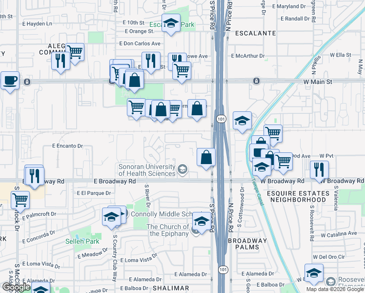 map of restaurants, bars, coffee shops, grocery stores, and more near South Bala Drive in Tempe