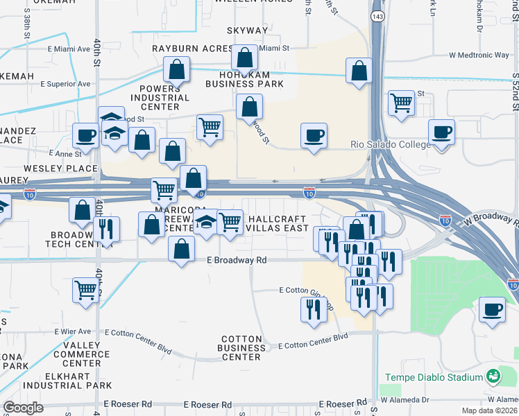 map of restaurants, bars, coffee shops, grocery stores, and more near 4029 South 44th Place in Phoenix