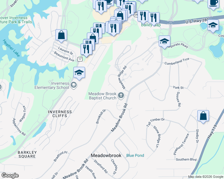 map of restaurants, bars, coffee shops, grocery stores, and more near 2376 Ridge Trail in Birmingham