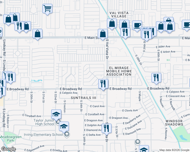map of restaurants, bars, coffee shops, grocery stores, and more near East Mesquite Street in Mesa