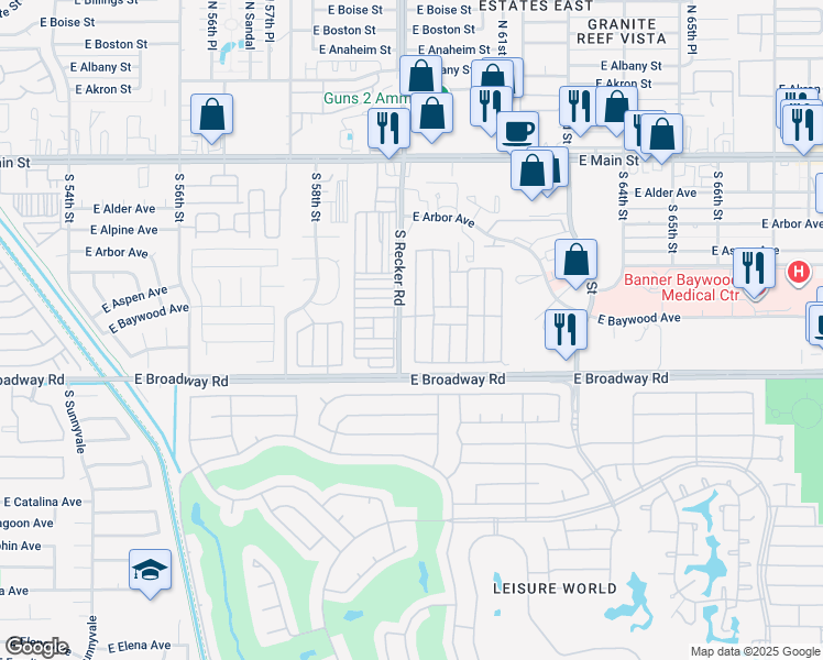 map of restaurants, bars, coffee shops, grocery stores, and more near 303 South Recker Road in Mesa