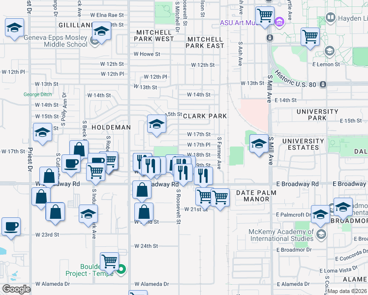 map of restaurants, bars, coffee shops, grocery stores, and more near 1730 South Roosevelt Street in Tempe