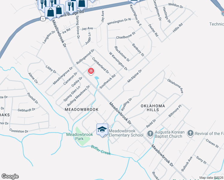 map of restaurants, bars, coffee shops, grocery stores, and more near 3528 Cornwall Road in Augusta