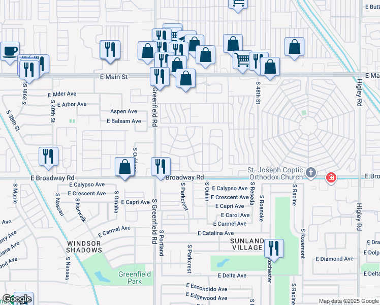 map of restaurants, bars, coffee shops, grocery stores, and more near 201 South Greenfield Road in Mesa