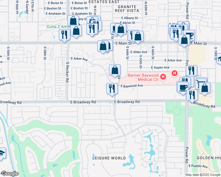 map of restaurants, bars, coffee shops, grocery stores, and more near 310 South 63rd Street in Mesa