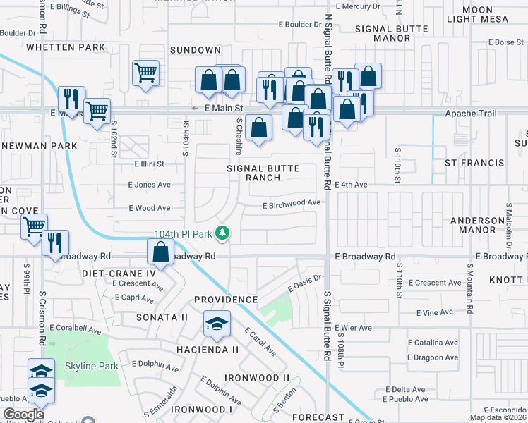 map of restaurants, bars, coffee shops, grocery stores, and more near 10618 East Bramble Avenue in Mesa