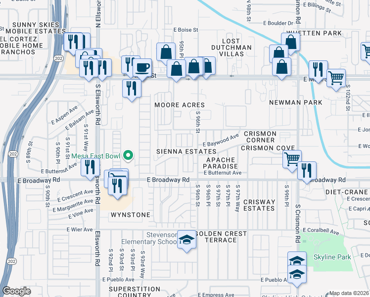 map of restaurants, bars, coffee shops, grocery stores, and more near 9539 East Birchwood Avenue in Mesa