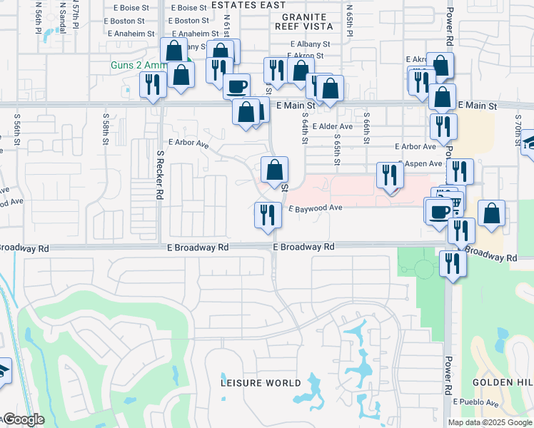 map of restaurants, bars, coffee shops, grocery stores, and more near 310 South 63rd Street in Mesa