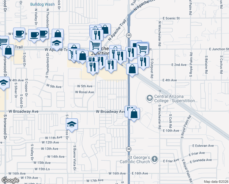 map of restaurants, bars, coffee shops, grocery stores, and more near 4th Avenue in Apache Junction