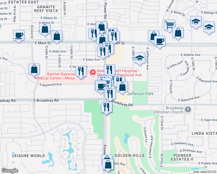 map of restaurants, bars, coffee shops, grocery stores, and more near 313 S Power Rd in Mesa