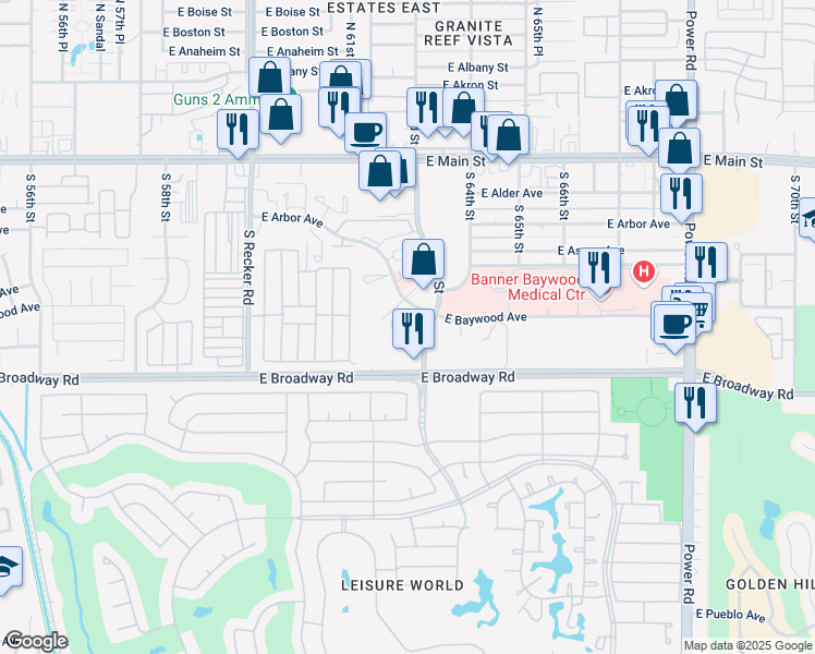 map of restaurants, bars, coffee shops, grocery stores, and more near 310 South Gardens of East Mesa in Mesa