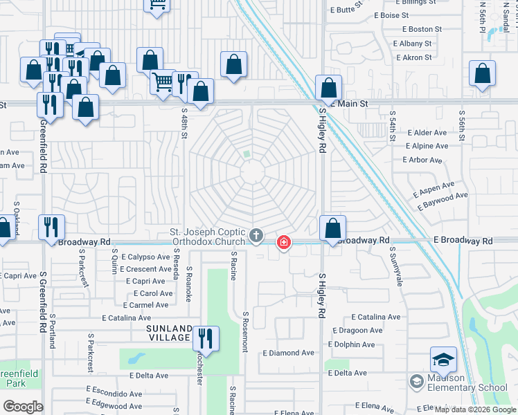 map of restaurants, bars, coffee shops, grocery stores, and more near 505 East Merlin Place in Mesa