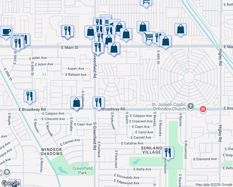 map of restaurants, bars, coffee shops, grocery stores, and more near 201 South Greenfield Road in Mesa