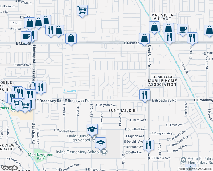 map of restaurants, bars, coffee shops, grocery stores, and more near 3300 East Broadway Road in Mesa
