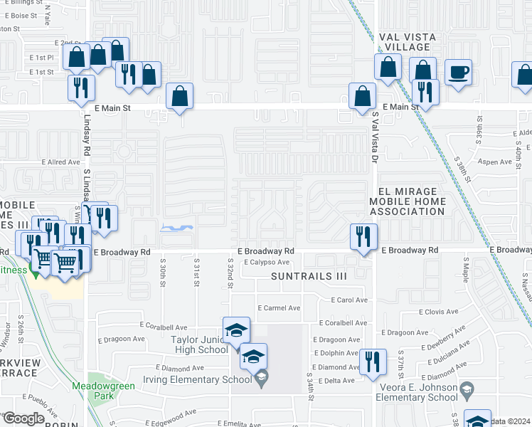 map of restaurants, bars, coffee shops, grocery stores, and more near 3300 East Broadway Road in Mesa