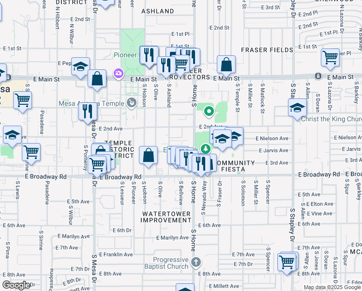 map of restaurants, bars, coffee shops, grocery stores, and more near 110 East 3rd Avenue in Mesa