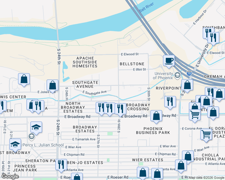 map of restaurants, bars, coffee shops, grocery stores, and more near 4034 South 28th Street in Phoenix