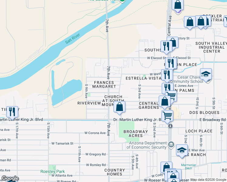 map of restaurants, bars, coffee shops, grocery stores, and more near 621 West Southgate Avenue in Phoenix