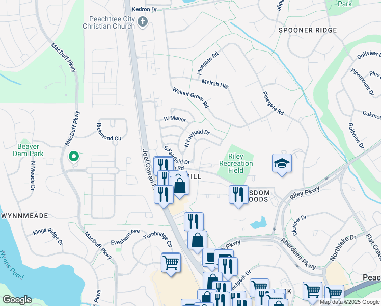 map of restaurants, bars, coffee shops, grocery stores, and more near 713 South Fairfield Drive in Peachtree City