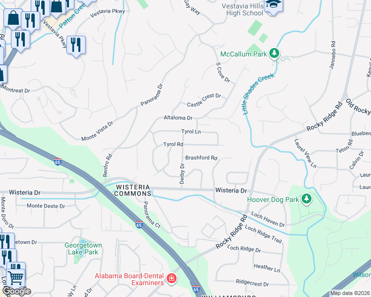 map of restaurants, bars, coffee shops, grocery stores, and more near 2328 Derby Drive in Vestavia Hills