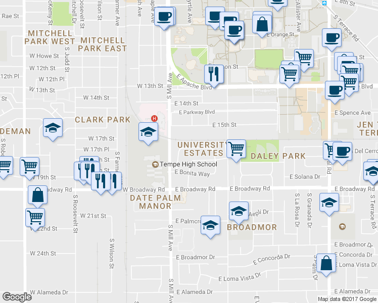 map of restaurants, bars, coffee shops, grocery stores, and more near 129 East Vista Del Cerro Drive in Tempe