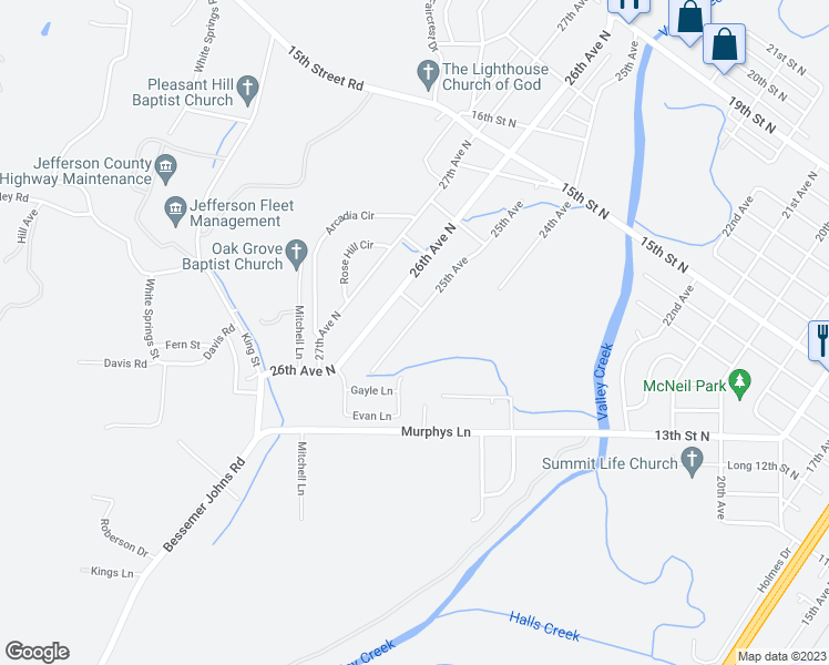 map of restaurants, bars, coffee shops, grocery stores, and more near 1049 25th Avenue in Bessemer