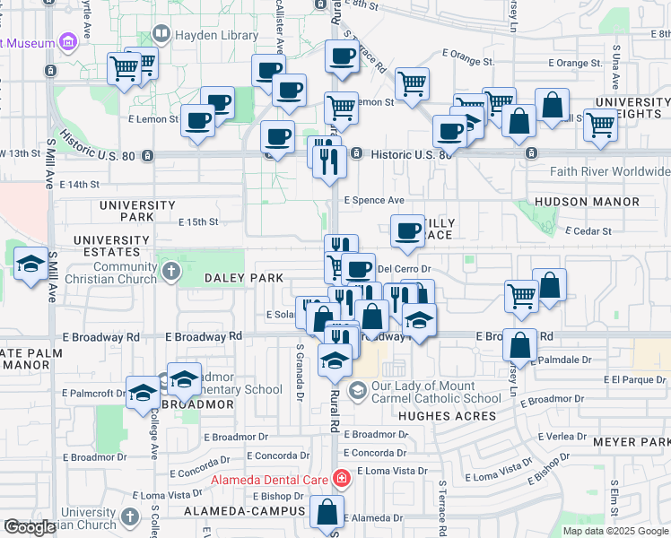 map of restaurants, bars, coffee shops, grocery stores, and more near S Rural Rd & E Vista Del Cerro Dr in Tempe