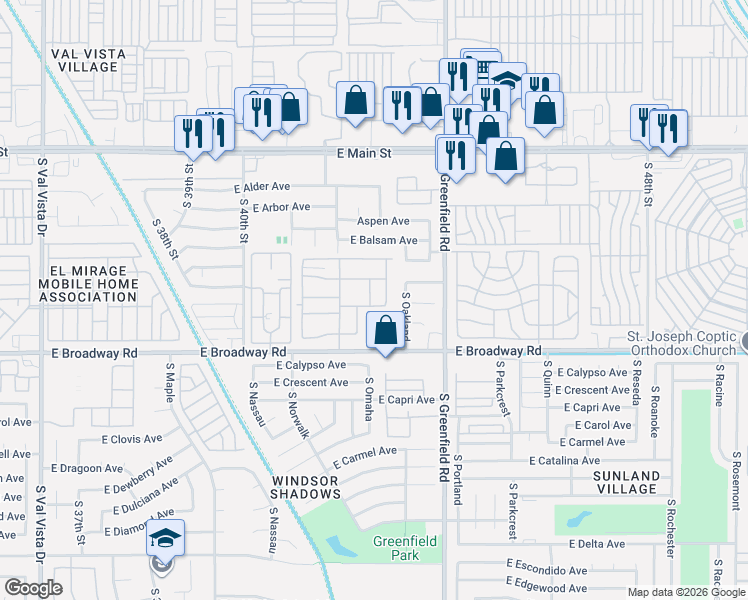 map of restaurants, bars, coffee shops, grocery stores, and more near 4202 East Broadway Road in Mesa