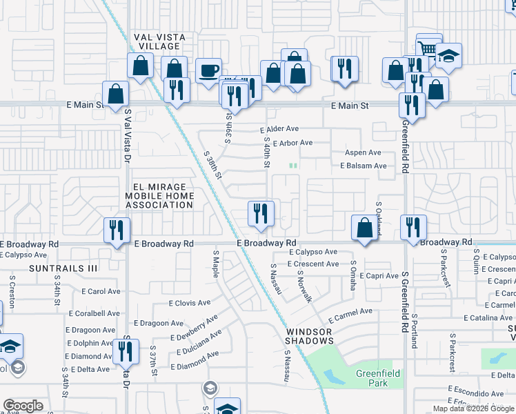 map of restaurants, bars, coffee shops, grocery stores, and more near 342 South 40th Street in Mesa