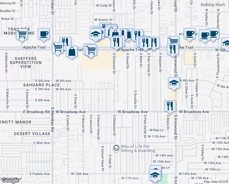 map of restaurants, bars, coffee shops, grocery stores, and more near 535 South Delaware Drive in Apache Junction