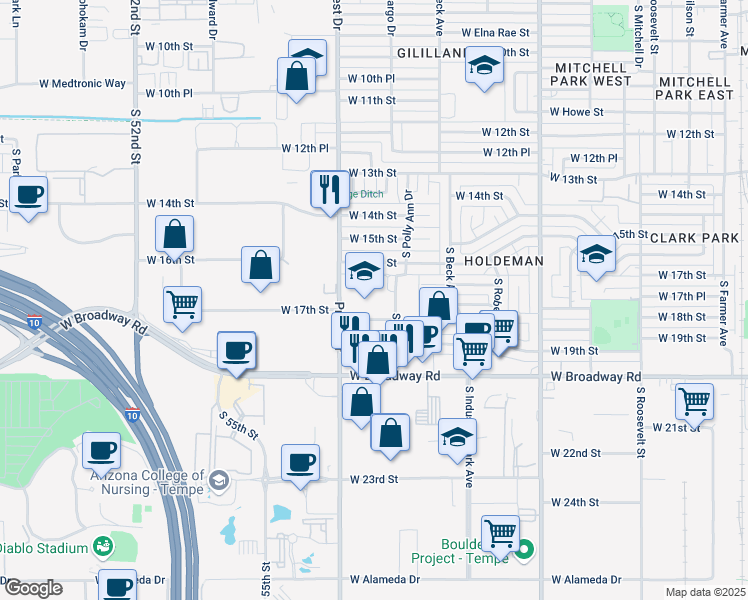 map of restaurants, bars, coffee shops, grocery stores, and more near 1326 West 18th Street in Tempe