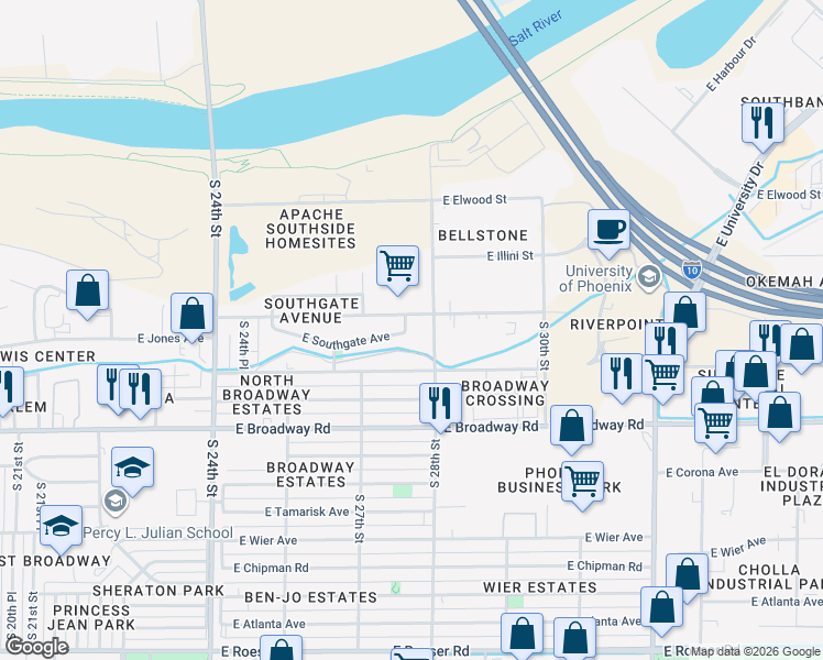 map of restaurants, bars, coffee shops, grocery stores, and more near 4034 South 28th Street in Phoenix