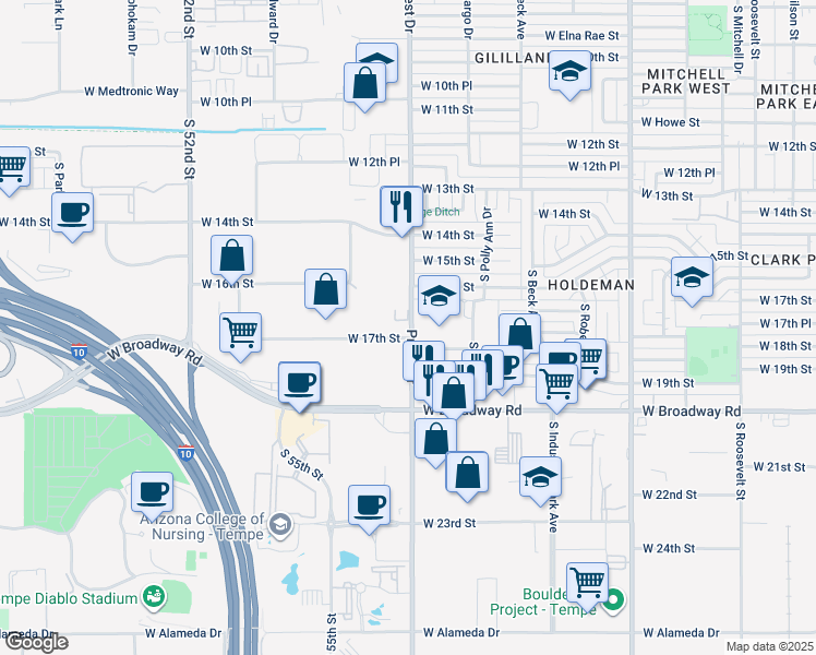 map of restaurants, bars, coffee shops, grocery stores, and more near 1720 South Priest Drive in Tempe
