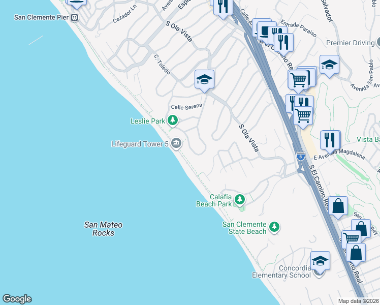 map of restaurants, bars, coffee shops, grocery stores, and more near 2016 Calle De Los Alamos in San Clemente