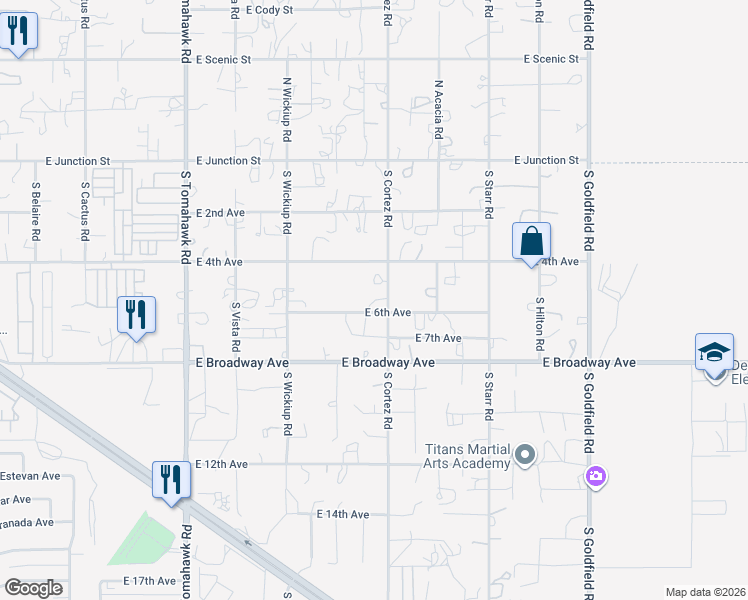 map of restaurants, bars, coffee shops, grocery stores, and more near 623 South Conestoga Road in Apache Junction