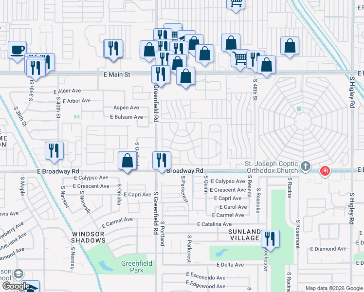 map of restaurants, bars, coffee shops, grocery stores, and more near 201 South Greenfield Road in Mesa
