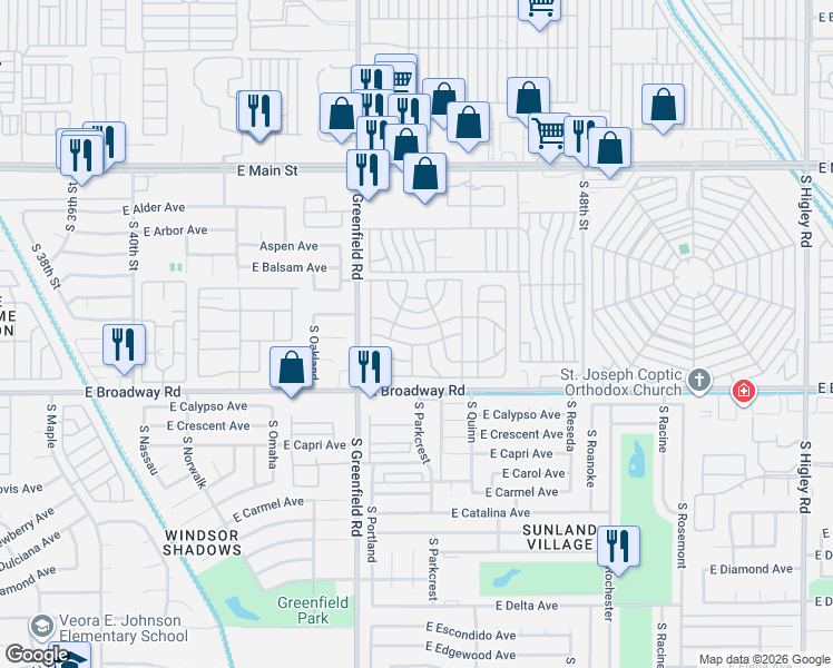 map of restaurants, bars, coffee shops, grocery stores, and more near 201 South Greenfield Road in Mesa