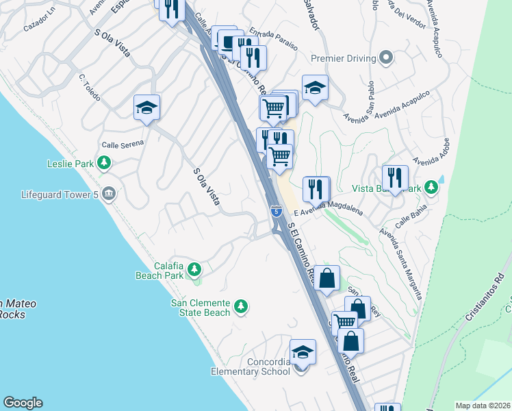 map of restaurants, bars, coffee shops, grocery stores, and more near 2483 South Ola Vista in San Clemente