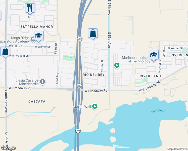map of restaurants, bars, coffee shops, grocery stores, and more near 6015 West Encinas Lane in Phoenix