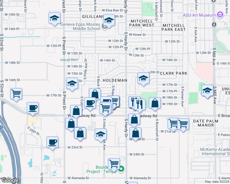 map of restaurants, bars, coffee shops, grocery stores, and more near 1806 South Roberts Road in Tempe