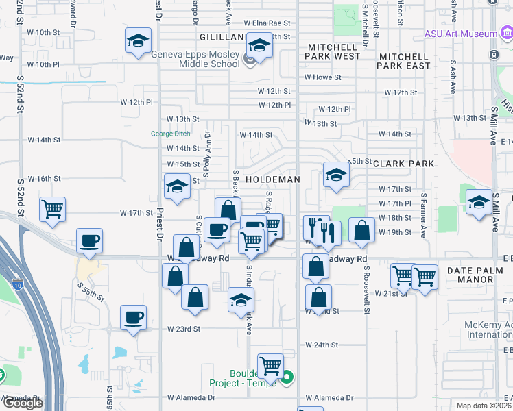 map of restaurants, bars, coffee shops, grocery stores, and more near 1806 South Roberts Road in Tempe