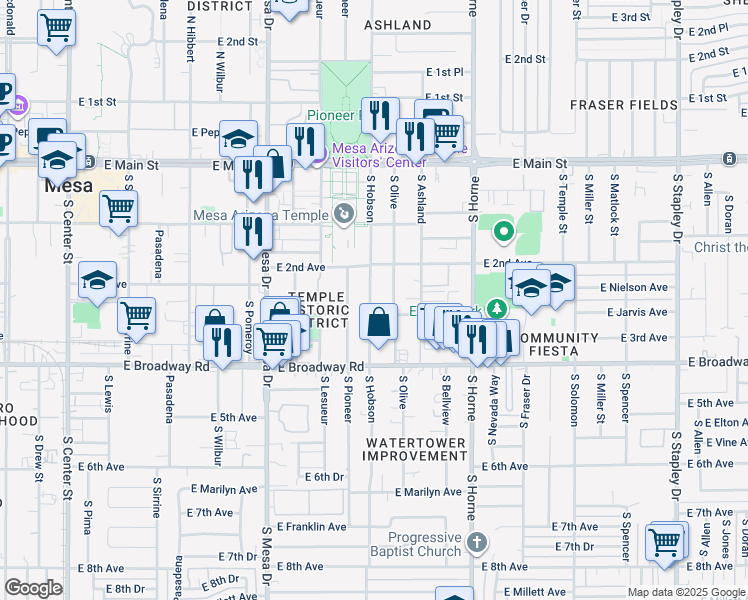 map of restaurants, bars, coffee shops, grocery stores, and more near 313 South Pioneer in Mesa