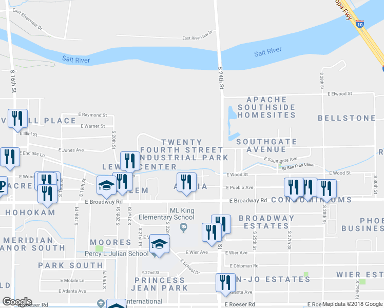 map of restaurants, bars, coffee shops, grocery stores, and more near 4008 South 23rd Street in Phoenix